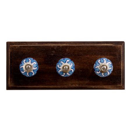 Blue Flower Ceramic Wooden Hooks